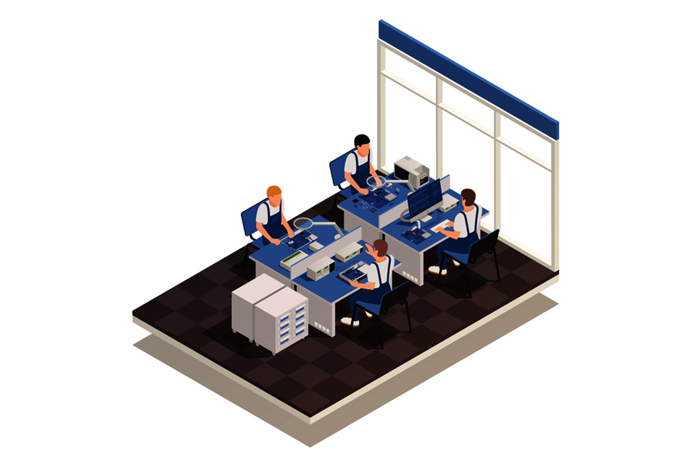 Izometrična vektorska ilustracija garancijske storitve s skupino strokovnjakov v notranjosti pisarne, ki delajo s poškodovanimi napravami na svojem delovnem mestu